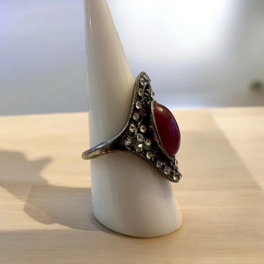 Vintage Red Stone Ring - Silver Tone - Size 9 - Statement Ring